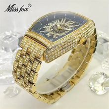 Load image into Gallery viewer, Luxury Gold Watches Men Brand MISSFOX Fashion Hip Hop lce Diamond Sun Pattern Literal Quartz Wristwatch Male Dropshipping Hot