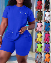 Load image into Gallery viewer, Women Two Piece Shorts Sets Solid Round Neck T Shirts Pockets Elastic Waist Short Trousers Suits Leisure Ladies 2023 Summer