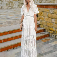 Load image into Gallery viewer, Summer Boho Women Maxi Dress Loose Embroidery White Lace long Tunic Beach Dress Vacation dresses for women 2022 evening dresses