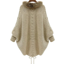 Load image into Gallery viewer, Women Cardigans Sweater Thick Poncho Capes 2025 Autumn Winter Femme Knitted Bat Sleeve Fur Collar Sweater Knitted Long Cardigan