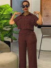 Load image into Gallery viewer, Women's Two Piece Sets Spring Summer Casual Solid Turn-down Neck Short Sleeve Loose Top & Wide Leg Pants Set Streetwear Outfits