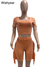 Load image into Gallery viewer, Sports Suit Casual Two Piece Sets Womens Clothing Summer O-Neck Short Sleeve Crop T-Shirt and Tassel Shorts Jogging Tracksuits