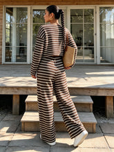 Load image into Gallery viewer, Women Fall Winter Brown White Striped Knit Crop Top & Wide Leg Pants 2 Piece Casual Tracksuit Loungewear