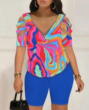 Load image into Gallery viewer, Fashion Sexy Hollow Out T Shirt And Shorts 2 Piece Sets Women Outfit Summer Casual Loose Print T Shirts Two Piece Set For Women