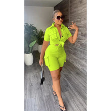 Load image into Gallery viewer, Streetwear Two Piece Set for Women Summer Outfits Pockets Short Sleeve Button-Up Shirt Top Short Sets Party Club Matching Sets