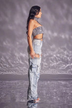 Load image into Gallery viewer, CM.YAYA Women Cutout Diamonds Crystal Hollow Out Straight Denim Pants 2024 Fall Multi Pocket High Waist Wide Leg Jeans Trousers