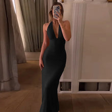 Load image into Gallery viewer, Cryptographic Sexy Draped Halter V Neck Maxi Dress for Women Summer Outfits for Women Club Party Backless Ruche Dresses Robes