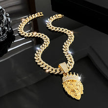 Load image into Gallery viewer, ULJ Hip Hop Bling Lion Reinstones Pendant With 13mm Iced Out Bling Cuban Chain Necklace Jewelry