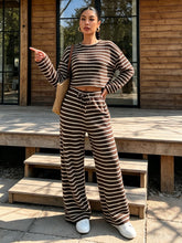 Load image into Gallery viewer, Women Fall Winter Brown White Striped Knit Crop Top & Wide Leg Pants 2 Piece Casual Tracksuit Loungewear