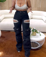 Load image into Gallery viewer, CM.YAYA Women Cutout Diamonds Crystal Hollow Out Straight Denim Pants 2024 Fall Multi Pocket High Waist Wide Leg Jeans Trousers