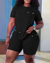 Load image into Gallery viewer, Women Two Piece Shorts Sets Solid Round Neck T Shirts Pockets Elastic Waist Short Trousers Suits Leisure Ladies 2023 Summer