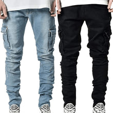 Load image into Gallery viewer, Jeans Men Pants Wash Solid Color Multi Pockets Denim Mid Waist Cargo Jeans Plus Size Fahsion Casual Trousers Male Daily Wear