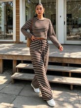 Load image into Gallery viewer, Women Fall Winter Brown White Striped Knit Crop Top & Wide Leg Pants 2 Piece Casual Tracksuit Loungewear
