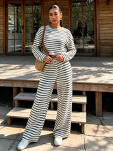 Load image into Gallery viewer, Women Fall Winter Brown White Striped Knit Crop Top & Wide Leg Pants 2 Piece Casual Tracksuit Loungewear