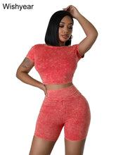 Load image into Gallery viewer, Summer Black Stretch Cotton Washed Printed Short Sleeve Crop Tops and Shorts Two 2 Piece Set Women Jogger Suit Fitness Tracksuit