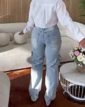 Load image into Gallery viewer, CM.YAYA Women Cutout Diamonds Crystal Hollow Out Straight Denim Pants 2024 Fall Multi Pocket High Waist Wide Leg Jeans Trousers