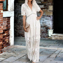 Load image into Gallery viewer, Summer Boho Women Maxi Dress Loose Embroidery White Lace long Tunic Beach Dress Vacation dresses for women 2022 evening dresses