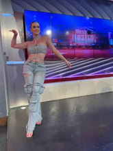 Load image into Gallery viewer, CM.YAYA Women Cutout Diamonds Crystal Hollow Out Straight Denim Pants 2024 Fall Multi Pocket High Waist Wide Leg Jeans Trousers