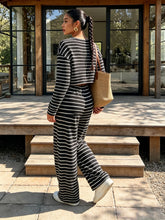 Load image into Gallery viewer, Women Fall Winter Brown White Striped Knit Crop Top & Wide Leg Pants 2 Piece Casual Tracksuit Loungewear