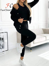 Load image into Gallery viewer, Autumn Winter New Women's Sets Simple Versatile Sleeveless Vest Short Vintage Cardigan Jacket Sports Pants Sexy 3 Piece Sets