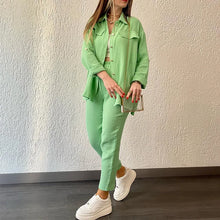 Load image into Gallery viewer, summer outfits for women 2025 New Loose Button Long Sleeve Shirt and Cropped Pants Casual Sports Summer women's suit Pants Set