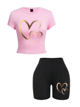 Load image into Gallery viewer, Summer Women Slim-fit T-Shirts & Shorts 2 Pieces Set Simple Hearts Pattern Prints Crop Tops Fashion High Elastic Soft Clothes
