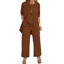 Load image into Gallery viewer, Women Clothes Stylish Women's 3-piece Pantsuit Set with Long Sleeve Cardigan O Neck Vest Wide Leg Trousers Fall Spring Outfit