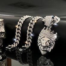 Load image into Gallery viewer, ULJ Hip Hop Bling Lion Reinstones Pendant With 13mm Iced Out Bling Cuban Chain Necklace Jewelry