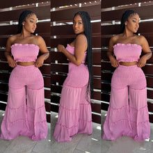 Load image into Gallery viewer, Women Summer Sexy Outfits 2pc Boho Pant Sets Ruffled Two Pieces Pants Set Ladies Strapless Crop Tube Top and Wide Leg Pants Suit