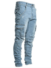 Load image into Gallery viewer, Jeans Men Pants Wash Solid Color Multi Pockets Denim Mid Waist Cargo Jeans Plus Size Fahsion Casual Trousers Male Daily Wear