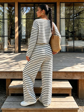 Load image into Gallery viewer, Women Fall Winter Brown White Striped Knit Crop Top & Wide Leg Pants 2 Piece Casual Tracksuit Loungewear