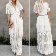 Load image into Gallery viewer, Summer Boho Women Maxi Dress Loose Embroidery White Lace long Tunic Beach Dress Vacation dresses for women 2022 evening dresses