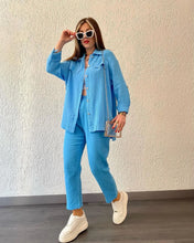 Load image into Gallery viewer, summer outfits for women 2025 New Loose Button Long Sleeve Shirt and Cropped Pants Casual Sports Summer women's suit Pants Set