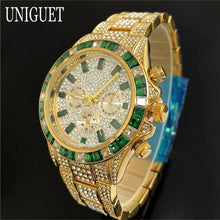 Load image into Gallery viewer, Hot Fashion Green Watches Men Brand UNIGUET Luxury Stainless Steel Hip Hop Rainbow Diamond Quartz Wristwatch Male Dropshipping 