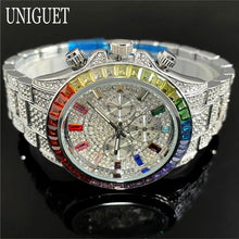 Load image into Gallery viewer, Hot Fashion Green Watches Men Brand UNIGUET Luxury Stainless Steel Hip Hop Rainbow Diamond Quartz Wristwatch Male Dropshipping 