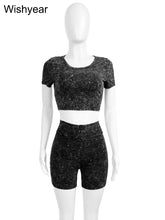 Load image into Gallery viewer, Summer Black Stretch Cotton Washed Printed Short Sleeve Crop Tops and Shorts Two 2 Piece Set Women Jogger Suit Fitness Tracksuit