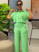 Load image into Gallery viewer, Women's Two Piece Sets Spring Summer Casual Solid Turn-down Neck Short Sleeve Loose Top & Wide Leg Pants Set Streetwear Outfits