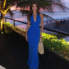 Load image into Gallery viewer, Cryptographic Sexy Draped Halter V Neck Maxi Dress for Women Summer Outfits for Women Club Party Backless Ruche Dresses Robes