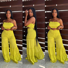 Load image into Gallery viewer, Women Summer Sexy Outfits 2pc Boho Pant Sets Ruffled Two Pieces Pants Set Ladies Strapless Crop Tube Top and Wide Leg Pants Suit