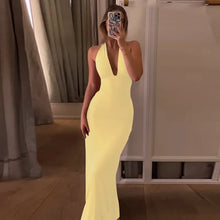 Load image into Gallery viewer, Cryptographic Sexy Draped Halter V Neck Maxi Dress for Women Summer Outfits for Women Club Party Backless Ruche Dresses Robes