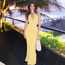 Load image into Gallery viewer, Cryptographic Sexy Draped Halter V Neck Maxi Dress for Women Summer Outfits for Women Club Party Backless Ruche Dresses Robes