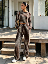 Load image into Gallery viewer, Women Fall Winter Brown White Striped Knit Crop Top & Wide Leg Pants 2 Piece Casual Tracksuit Loungewear