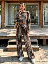 Load image into Gallery viewer, Women Fall Winter Brown White Striped Knit Crop Top & Wide Leg Pants 2 Piece Casual Tracksuit Loungewear