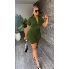 Load image into Gallery viewer, Streetwear Two Piece Set for Women Summer Outfits Pockets Short Sleeve Button-Up Shirt Top Short Sets Party Club Matching Sets