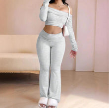 Load image into Gallery viewer, Casual Workout Two Piece Sets Woman Outfits Crop Long Sleeves Tops Foldover Flare Pants Tracksuit Suit Summer and Fall 2025 New