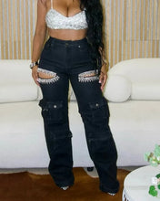 Load image into Gallery viewer, CM.YAYA Women Cutout Diamonds Crystal Hollow Out Straight Denim Pants 2024 Fall Multi Pocket High Waist Wide Leg Jeans Trousers