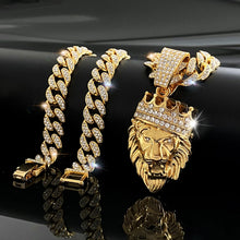 Load image into Gallery viewer, ULJ Hip Hop Bling Lion Reinstones Pendant With 13mm Iced Out Bling Cuban Chain Necklace Jewelry