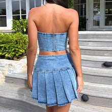 Load image into Gallery viewer, Sexy Summer Outfits Women 2024 Fashion Jean Dress with Skirt 2 Piece Sets Bustier Blue Denim Two Piece Outfit Split Skirt Set