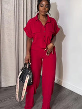 Load image into Gallery viewer, Women's Two Piece Sets Spring Summer Casual Solid Turn-down Neck Short Sleeve Loose Top & Wide Leg Pants Set Streetwear Outfits
