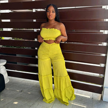 Load image into Gallery viewer, Women Summer Sexy Outfits 2pc Boho Pant Sets Ruffled Two Pieces Pants Set Ladies Strapless Crop Tube Top and Wide Leg Pants Suit
